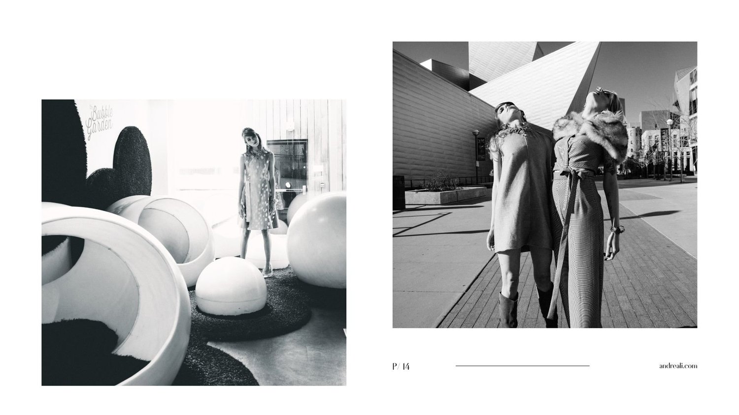 Mod lookbook spread with crystal statement jewelry, sparkling drop earrings, and a mirrored black-and-white model portrait.