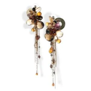 Dangling earrings with clusters of smoky, amber and pink gemstones and fine chain strands, by Andrea Li