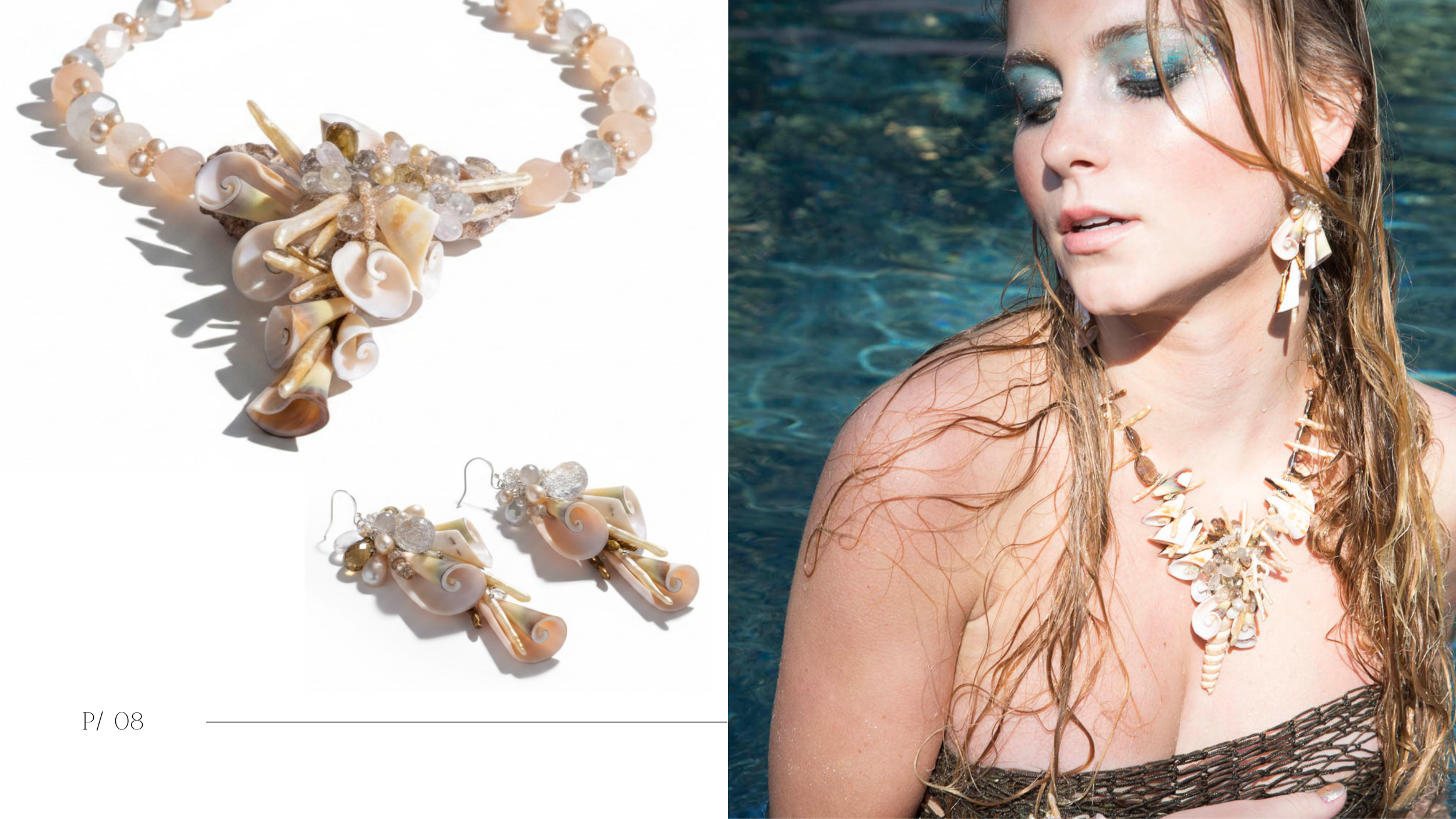A shell and gemstone necklace and earrings by Andrea Li worn by a model in the pool