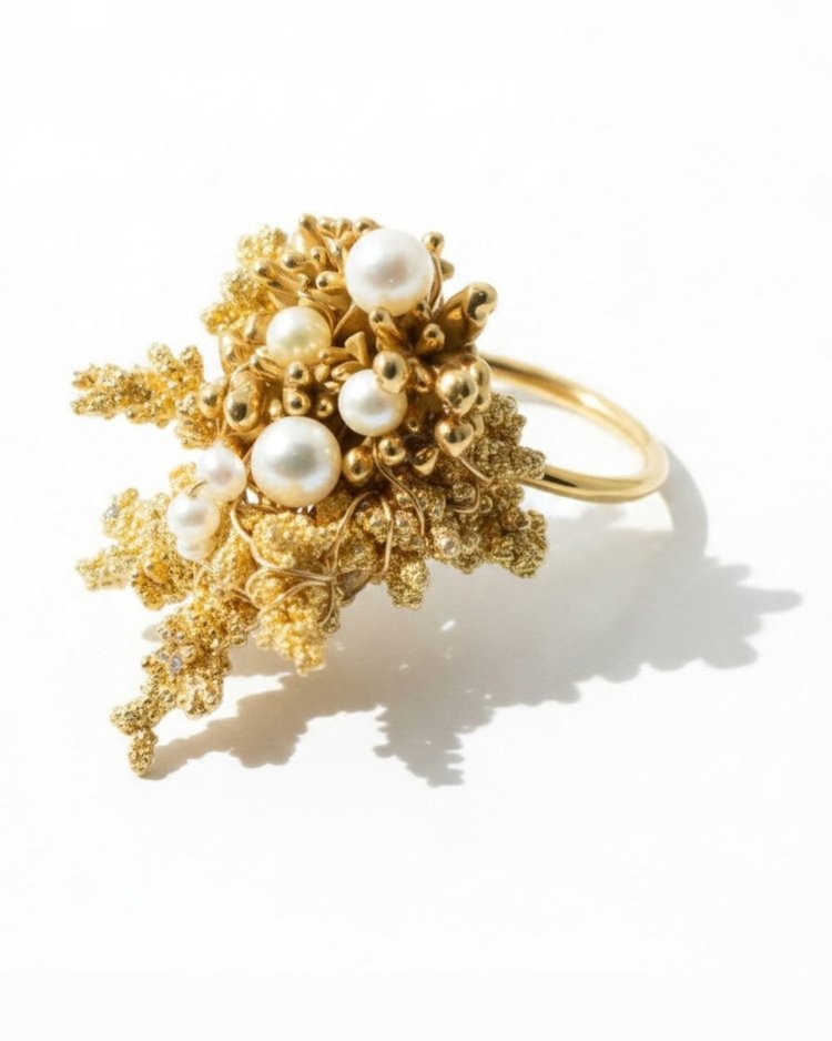 Andrea Li cocktail ring: textured gold coral-like branches clustered with white pearls, by Andrea Li