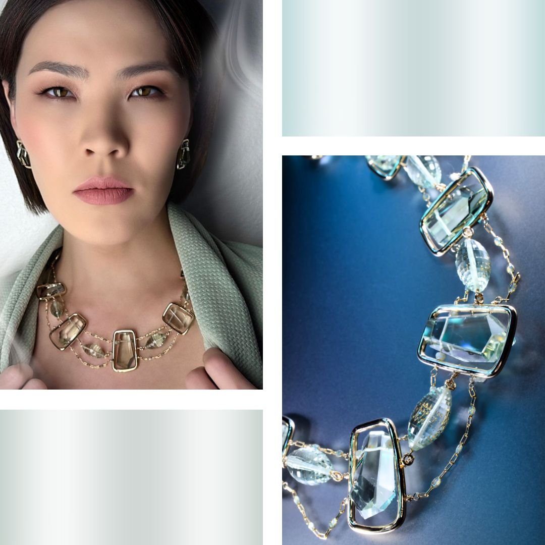 model wearing a pastel gemstone necklace and a product image of a necklace