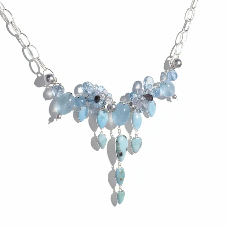 Larimer And Aquamarine Cabochon Multi-Drop Statement Necklace, by Andrea Li
