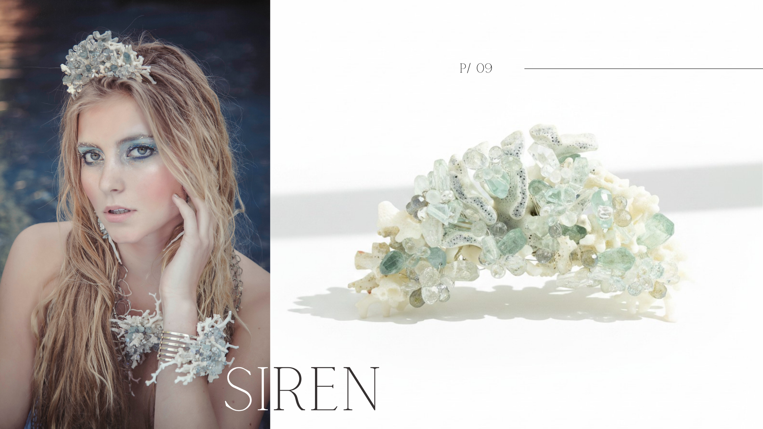 A model in a coral and aquamarine crown and cuff by Andrea Li