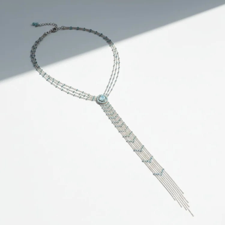 Long Opera Length Multi Silver Chain Necklace With Aquamarine And Zircon, by Andrea Li