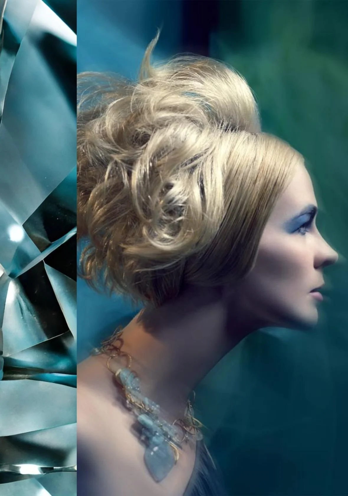 editorial shot of a model wearing a aquamarine gemstone necklace  with a maco shot of a blue gemstone