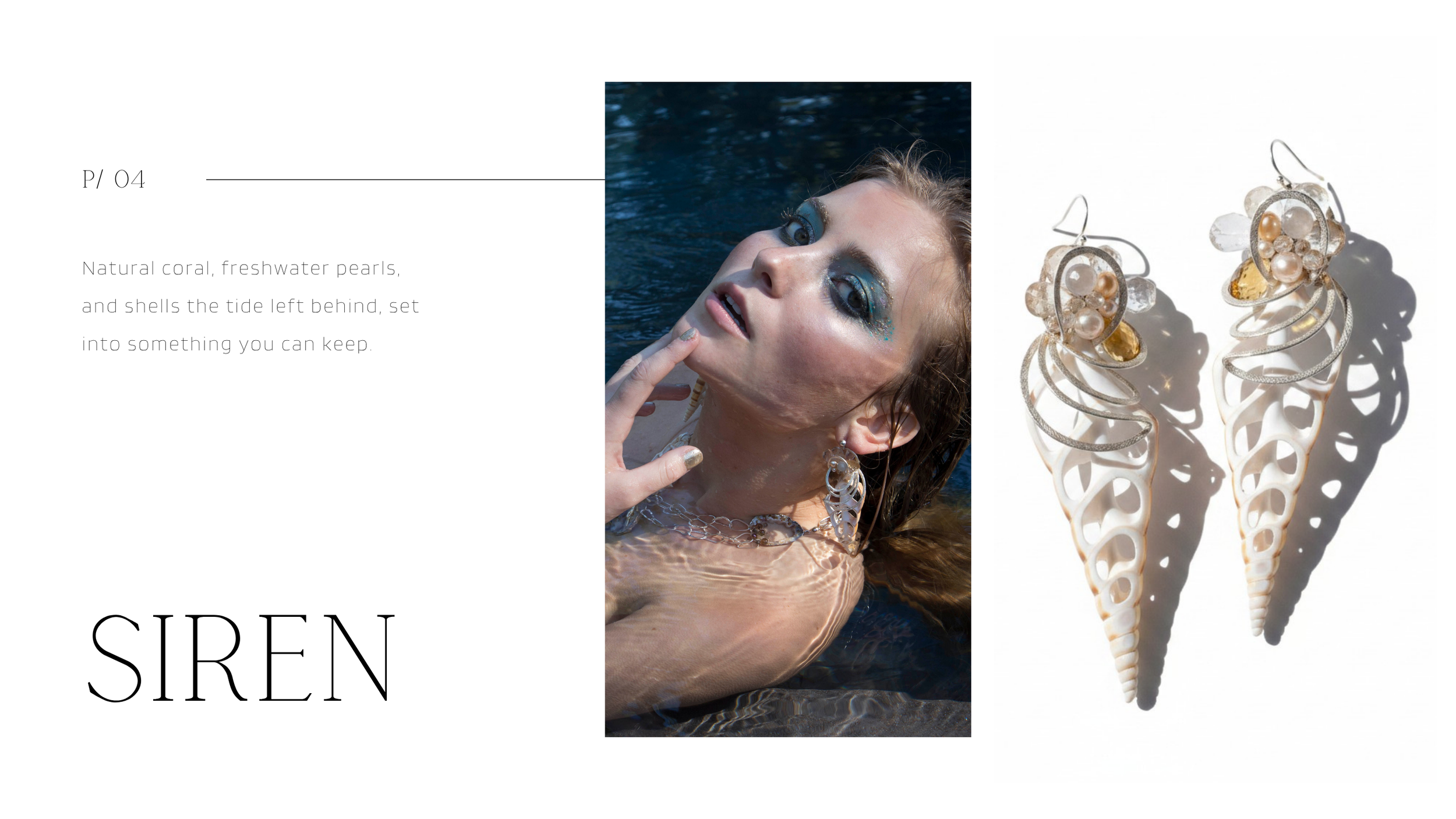 A siren model wearing carved shell and pearl statement earrings by Andrea Li