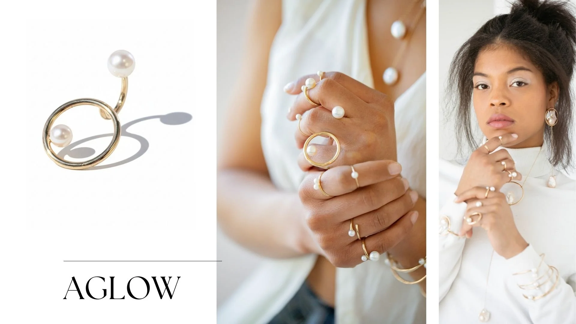 Aglow lookbook collage featuring a 14k gold two-pearl illusion ring on a white background, a close-up of hands stacked with minimalist pearl rings, and a model wearing layered pearl jewelry with gold bangles and rings.