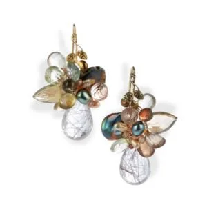 Cluster earrings of pearls and smoky, golden and clear gemstones, by Andrea Li