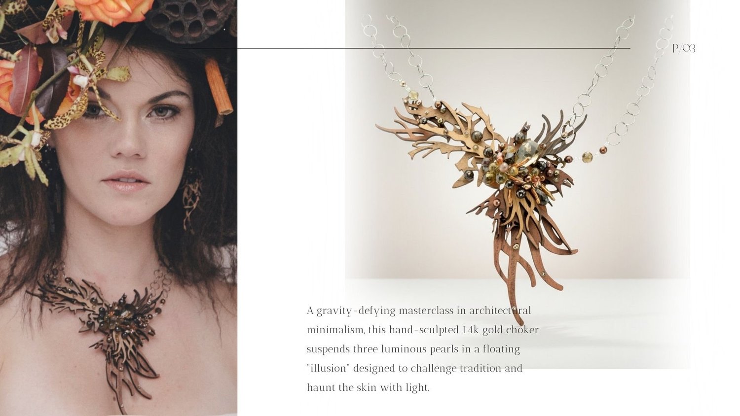 Editorial-style lookbook page pairing a floral-crowned model wearing a dark, branch-like statement necklace with a product photo of the same organic wood-and-gemstone necklace on a silver chain.