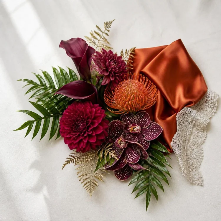 A flat lay of plum calla lilies, magenta dahlias, a burnt-orange protea, speckled plum orchids, gold ferns and green palm leaves beside burnt-orange satin and silver-beaded lace