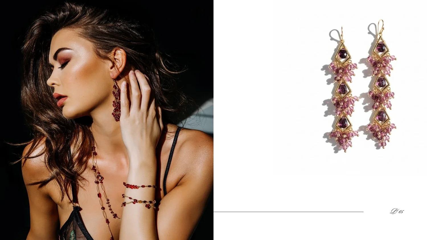 Eros garnet lookbook page showing a model wearing dramatic garnet chandelier earrings and layered garnet bracelet, beside a product shot of long geometric gold-and-garnet chandelier earrings with pink bead clusters.