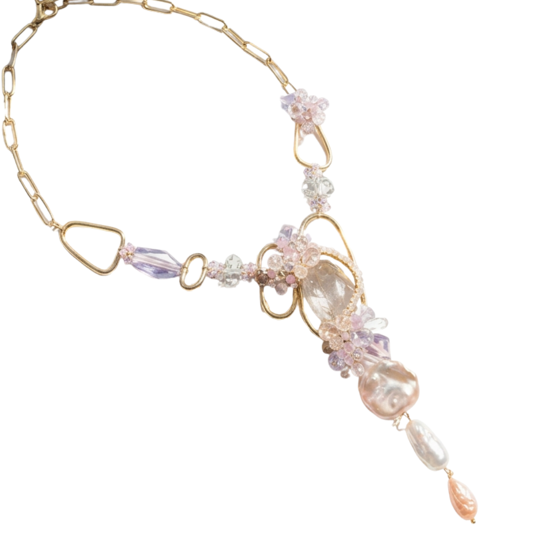 Alpenglow Pink Kunzite Necklace by Andrea Li, a gold chain with a pale pink kunzite and pastel gemstone cluster ending in a pearl drop