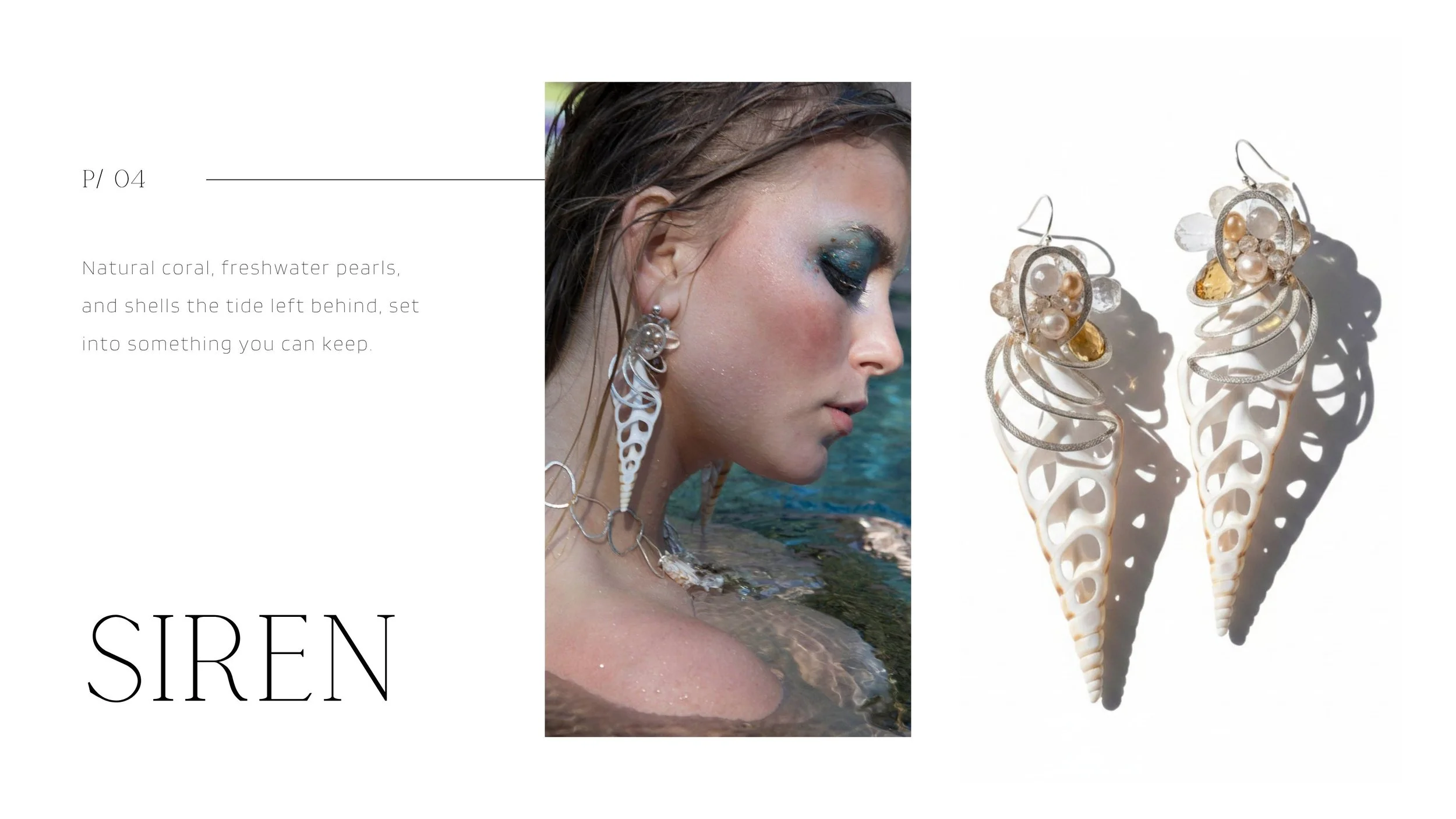 A siren model wearing carved shell and pearl statement earrings by Andrea Li