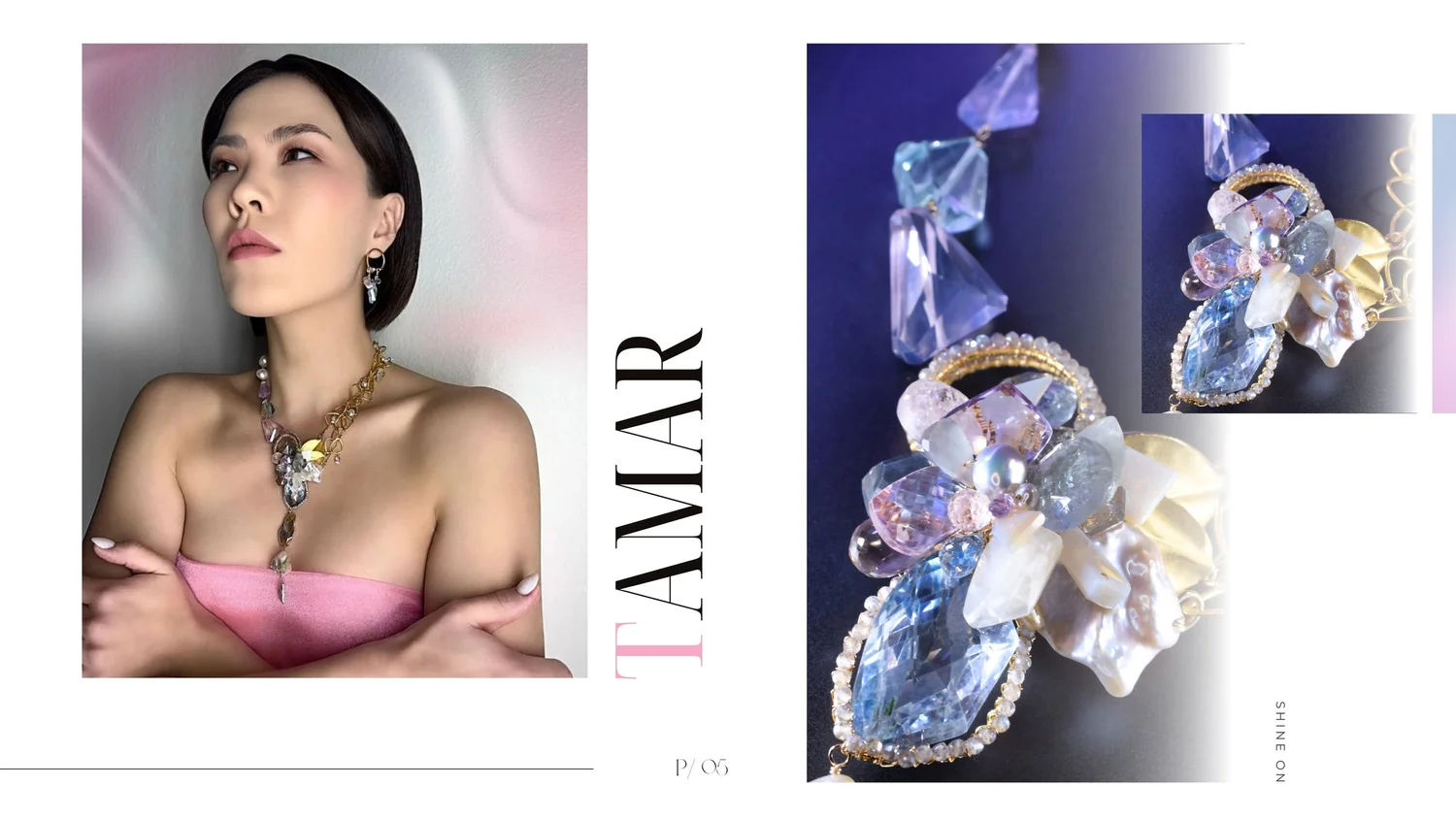 Model wearing a Tamar Collection pastel gemstone cluster statement necklace