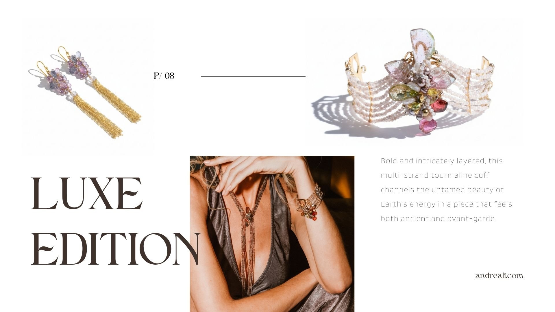 Orenda “Luxe Edition” lookbook page featuring gold tassel drop earrings, a multi-strand tourmaline cuff bracelet with a gemstone cluster, and a model wearing a long layered necklace and statement bracelet.