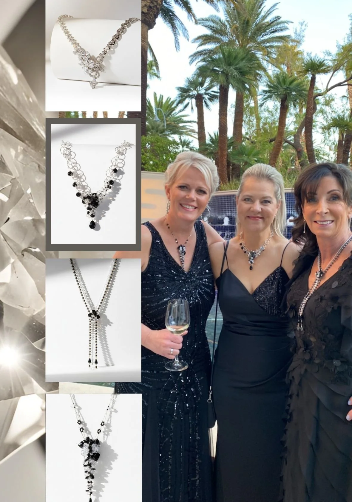 Collage of custom commission necklaces beside three women in black evening gowns at an outdoor event with palm trees and fountain backdrop.