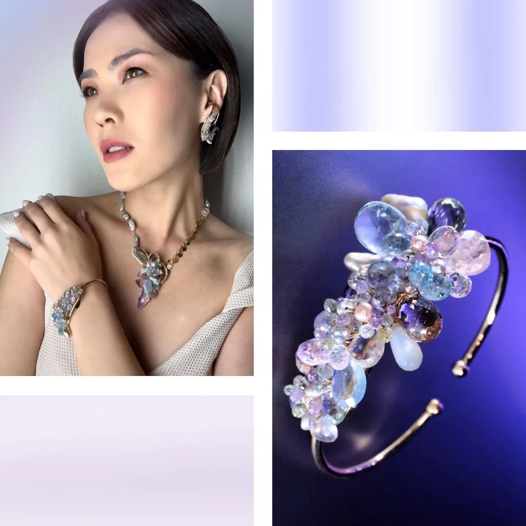 model wearing a pastel gemstone necklace and a product image of a bracelet