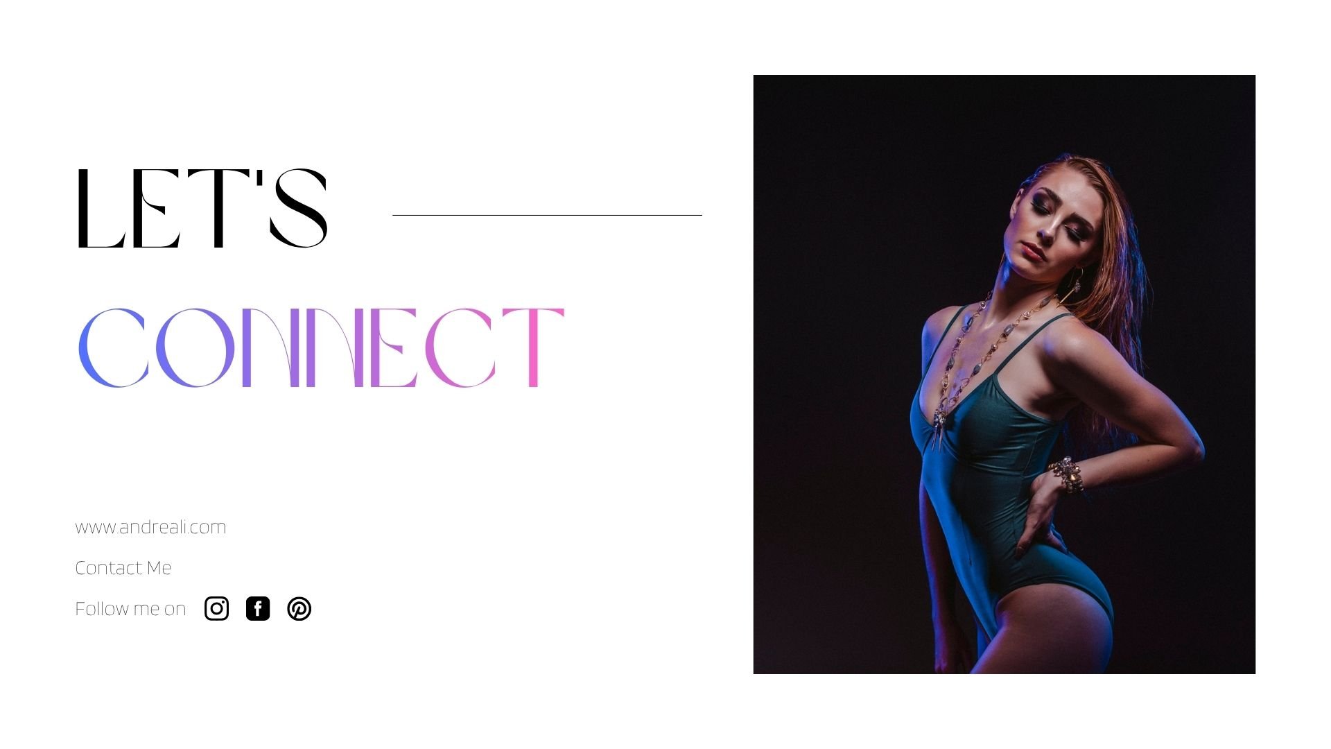 Contact page graphic with the headline “Let’s Connect,” featuring website and social media details alongside a moody portrait of a woman wearing statement jewelry in blue and purple lighting.