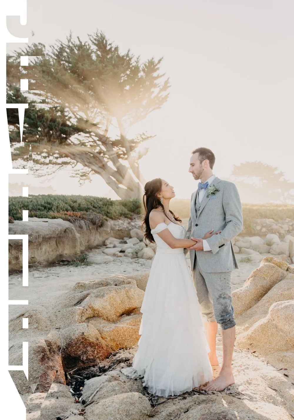 Designed print with lettering down the edge: a bride and groom in a gray suit facing each other on coastal rocks beneath a cypress tree