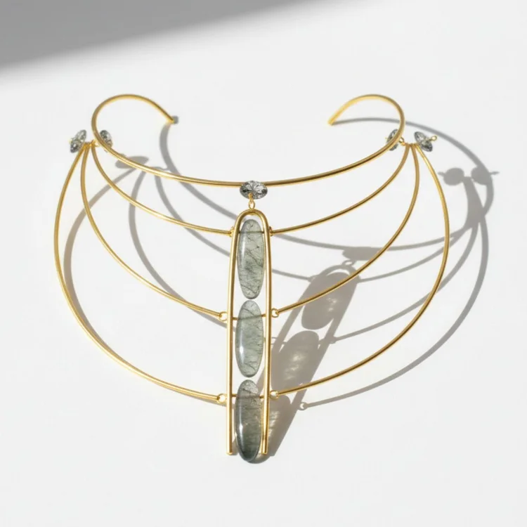 A gold wire collar with sweeping arcs and a column of green stones