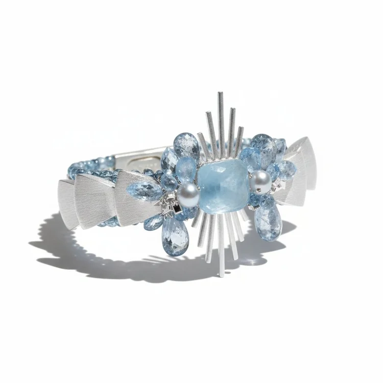 Art Deco Brushed Silver And Aquamarine Statement Cuff, by Andrea Li