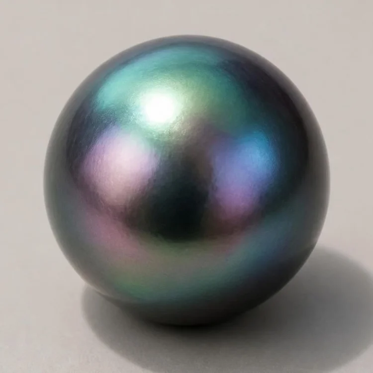 Illustration of a round peacock pearl, dark green-gray with blue, green and purple overtones