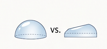 A high symmetrical moonstone cabochon dome next to a flat lopsided cut, showing how dome shape controls the floating light effect