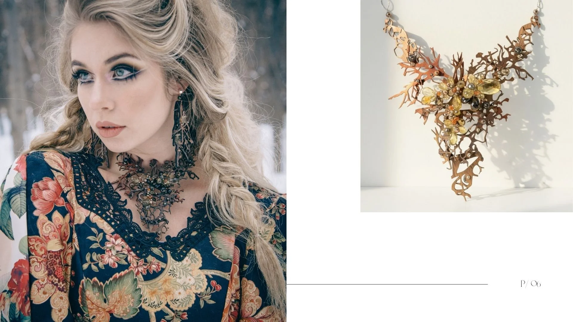 Editorial-style lookbook spread featuring a close-up portrait of a blonde model in a floral dress wearing a dark, branch-like statement necklace and matching earrings, paired with a product photo of the same organic wood-and-gemstone necklace.