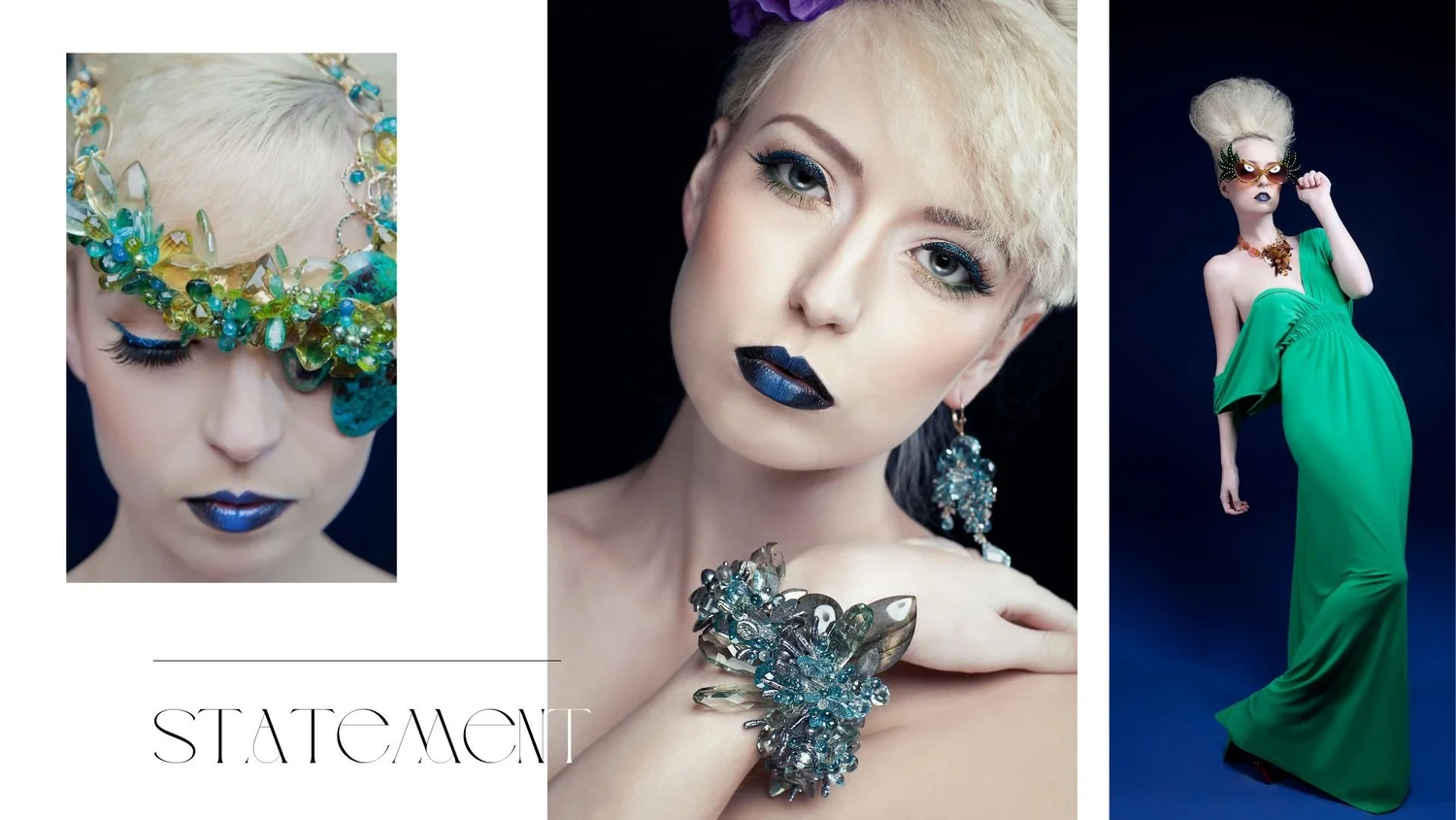 Editorial-style lookbook spread with the word STATEMENT, featuring a platinum-haired model in a teal jeweled headpiece with blue lips, a close-up of her wearing a teal gemstone cuff, and a full-length portrait in a green gown