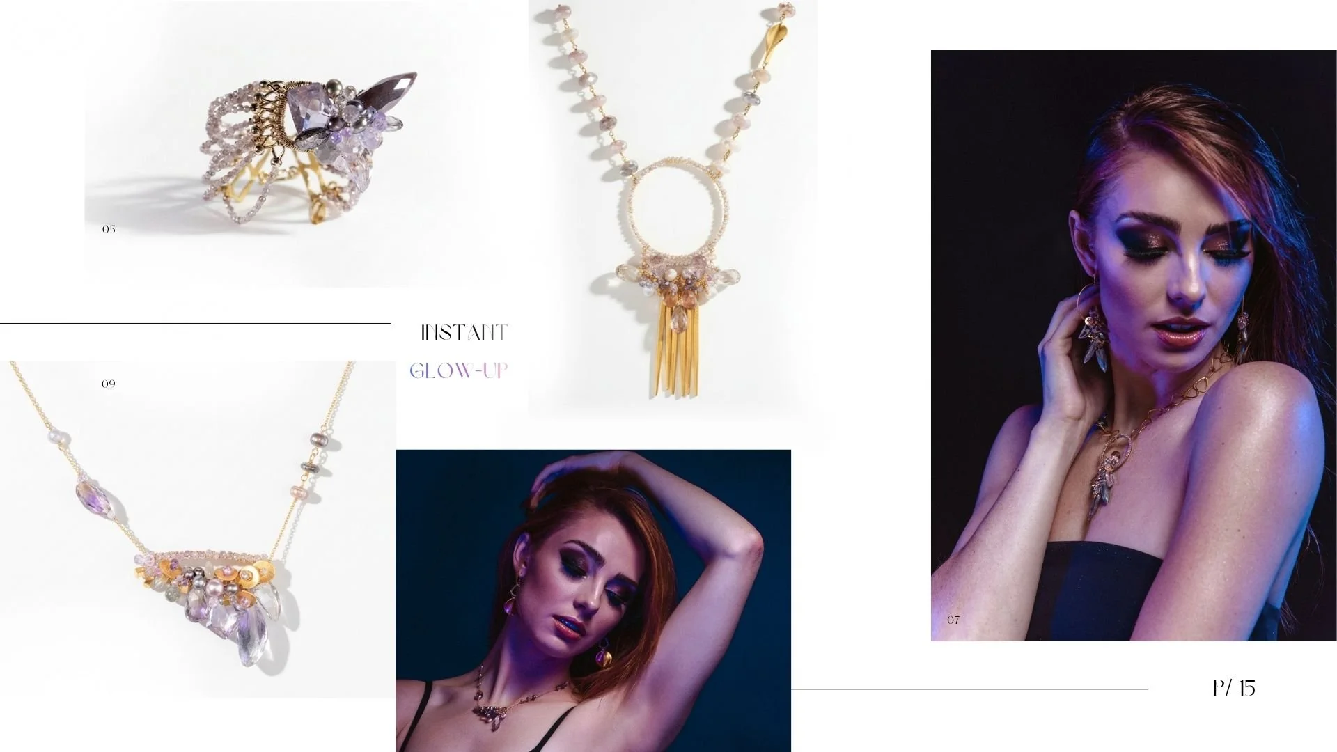 Lookbook collage featuring product photos of a gemstone ring, statement necklace, and jeweled bib necklace alongside moody portraits of a woman wearing coordinating crystal jewelry in blue and purple lighting.