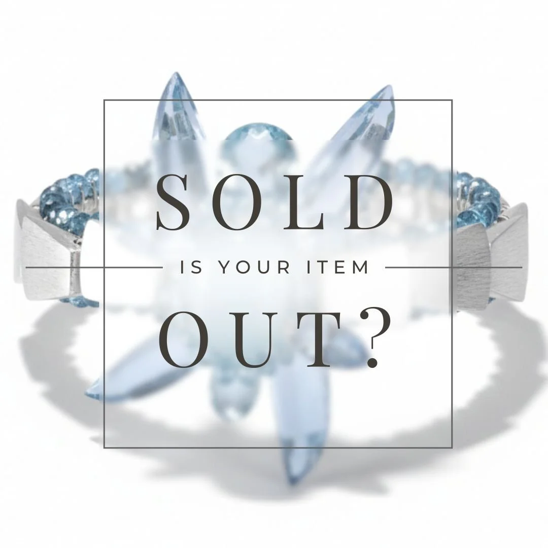 Graphic with a blurred blue aquamarine bracelet background and overlay text reading SOLD IS YOUR ITEM OUT? inside a thin square frame.