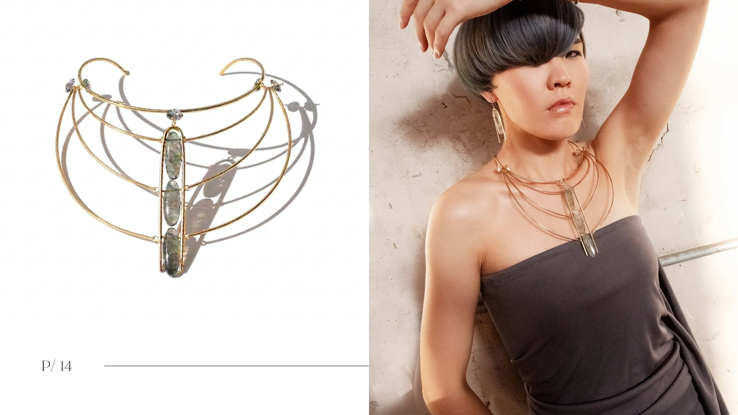 Editorial spread featuring a sculptural gold necklace and a model portrait, arranged on a clean minimalist lookbook layout.