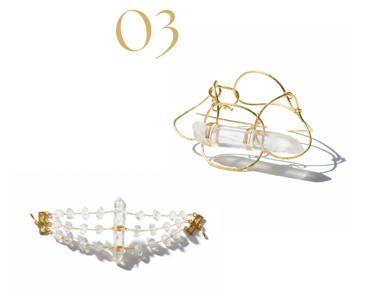 Product photo of two Herkimer diamond bracelets: a sculptural gold wire cuff bracelet centered with a clear crystal point, and a delicate gold chain bracelet with small Herkimer diamond stones and a horizontal crystal point, on a white background.