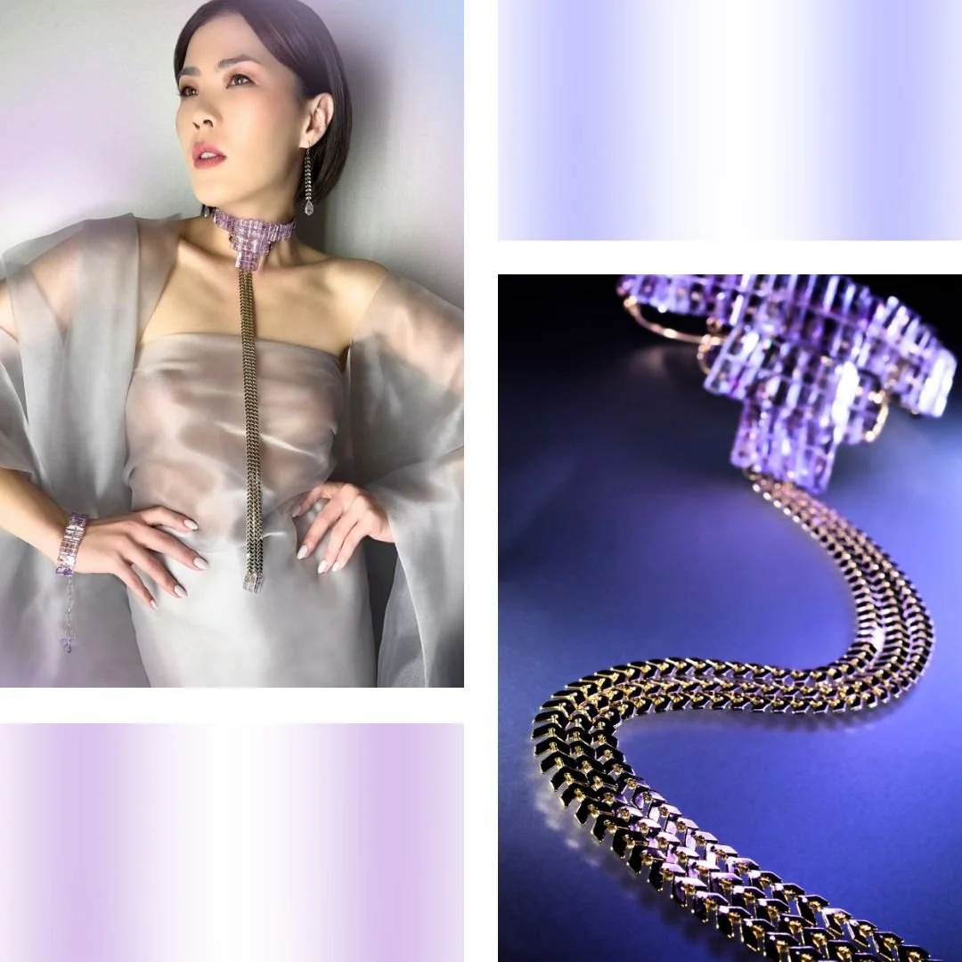 Collage featuring a model wearing a long purple amethyst choker necklace with a draped chain drop, paired with a close-up detail shot of the choker and gold-toned chain on a deep violet background, framed by soft lavender gradient blocks.