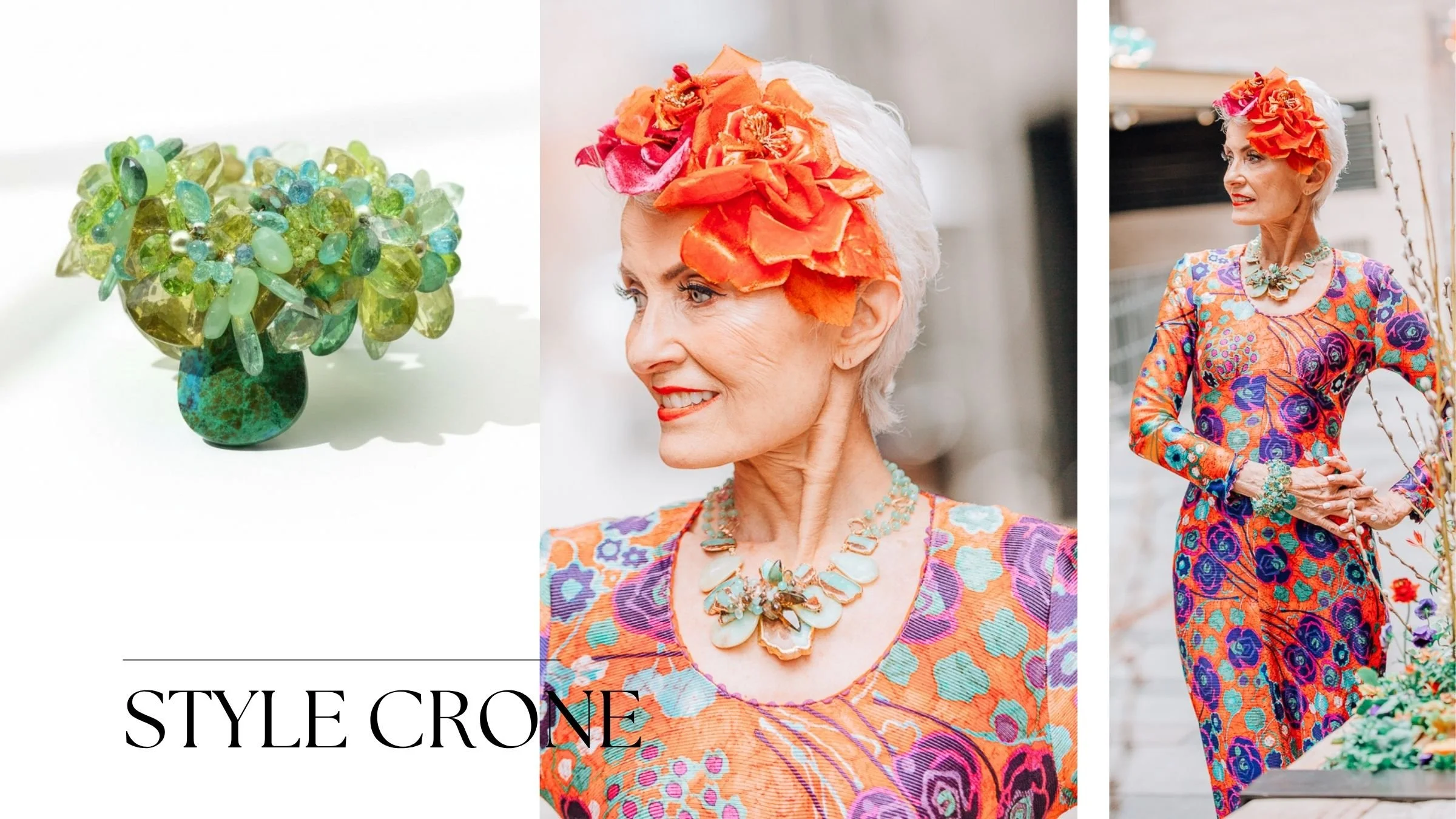 Style Crone in mint chrysoprase statement jewelry with a floral dress, wearable art by Andrea Li