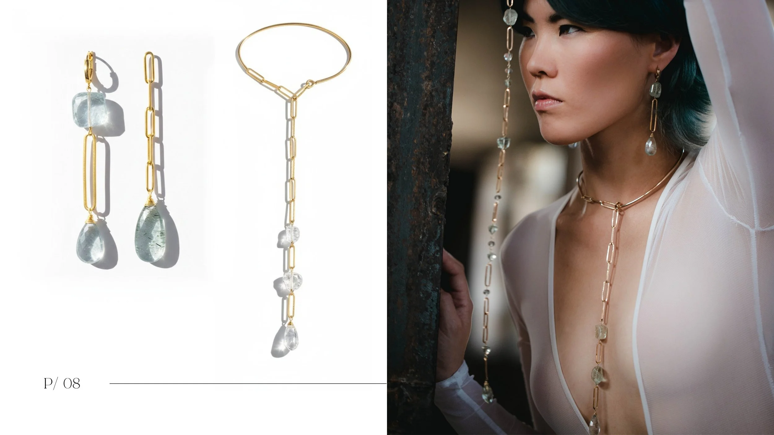 Editorial spread featuring geometric gold earrings and necklace beside a model portrait, arranged on a clean minimalist layout.