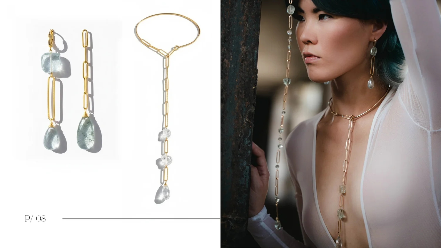 Editorial spread featuring geometric gold earrings and necklace beside a model portrait, arranged on a clean minimalist layout.