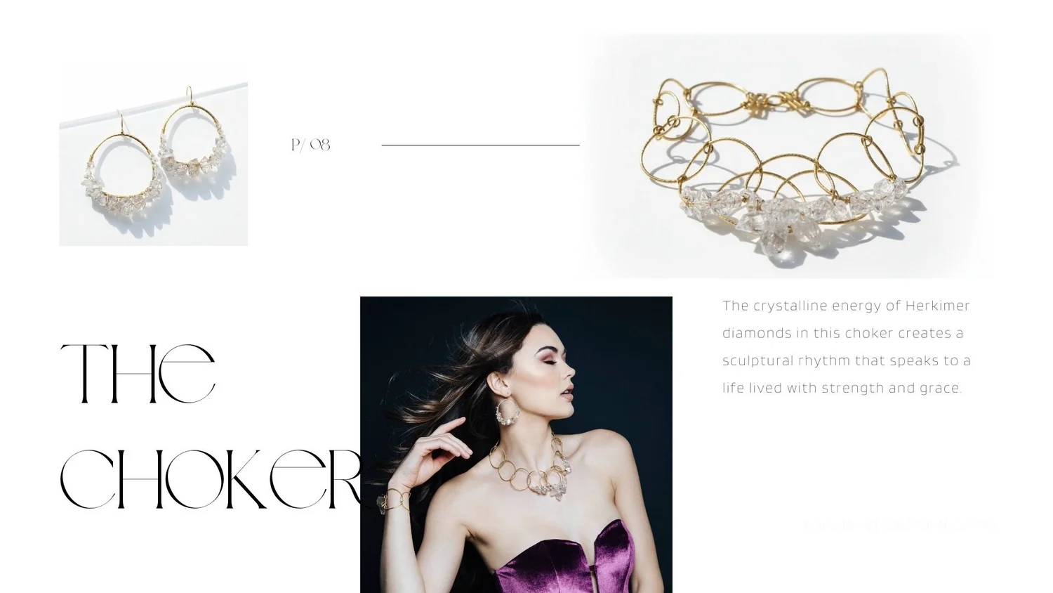 Lookbook page titled “The Choker” (P/08) featuring Herkimer diamond hoop earrings, a gold circle-link Herkimer diamond choker necklace, and a model wearing the choker in a plum strapless top.
