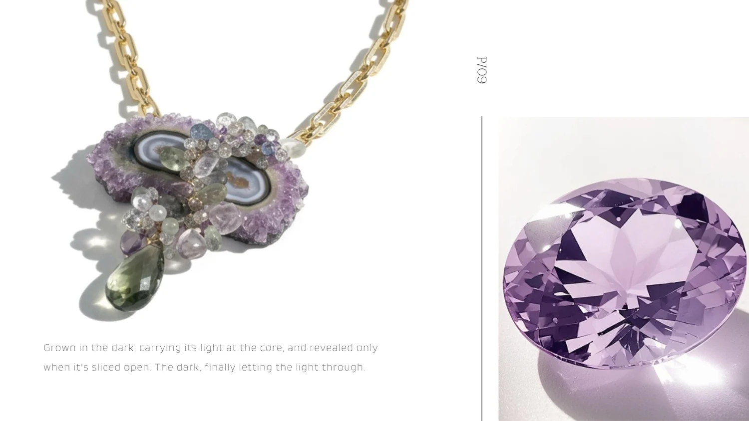 Amethyst stalactite slice necklace by Andrea Li, its light revealed when the stone is sliced open