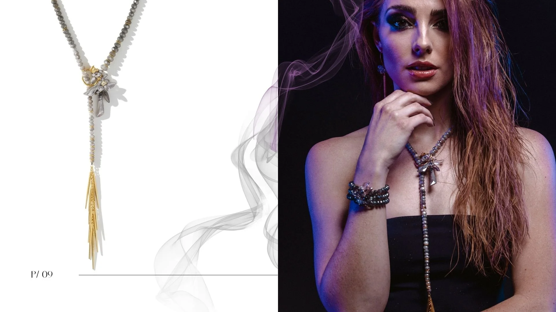 Lookbook spread featuring a product photo of a long lariat-style gemstone necklace with gold fringe, alongside a moody portrait of a woman wearing the same necklace and stacked gemstone bracelets in blue and purple lighting.