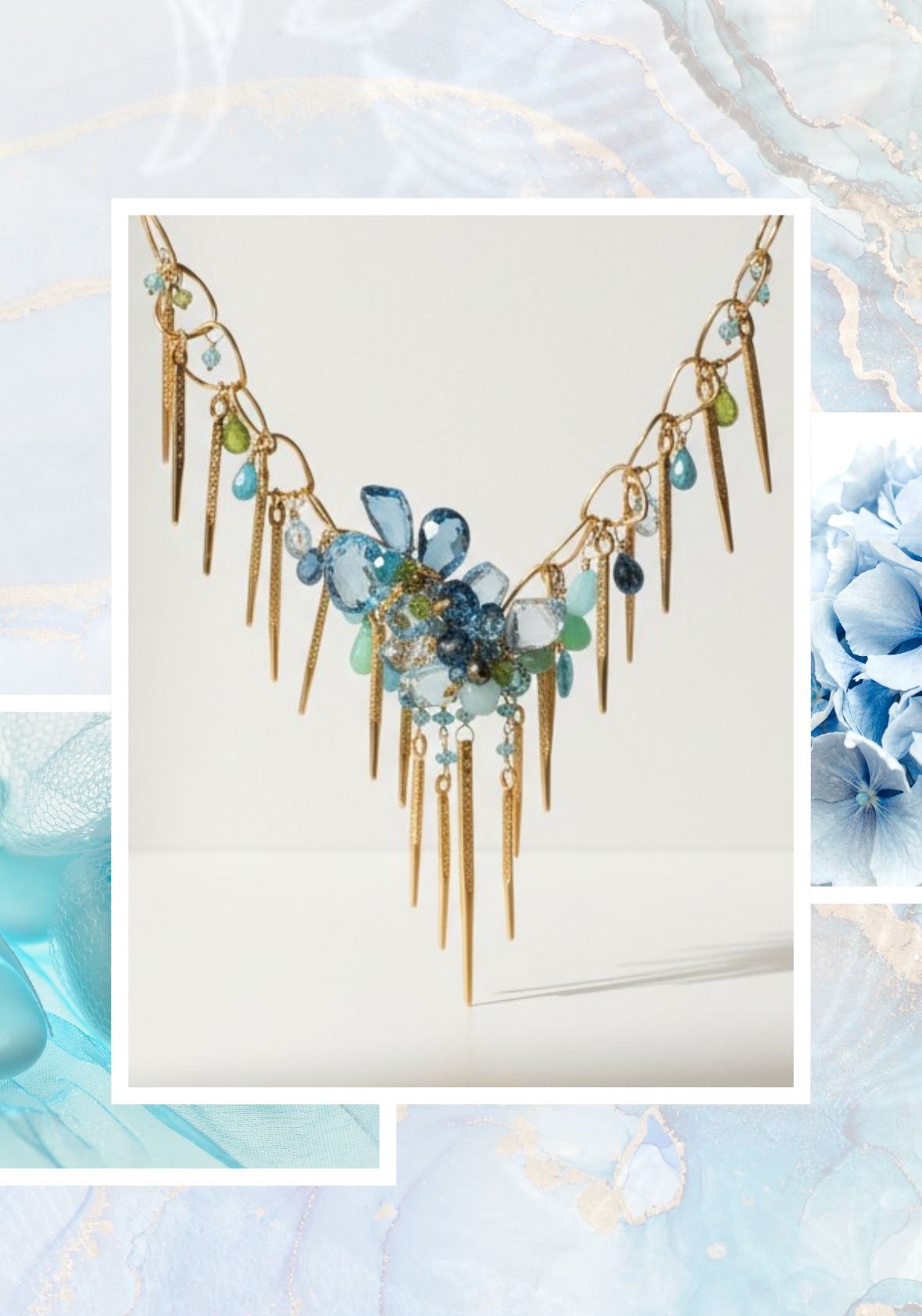 Statement necklace with blue and aqua gemstones, gold spike details, and dangling accents, framed by soft blue wedding-inspired textures.