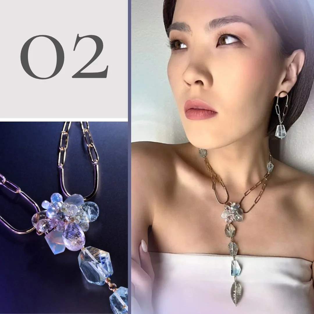 model wearing a pastel gemstone necklace and a product image of a necklace