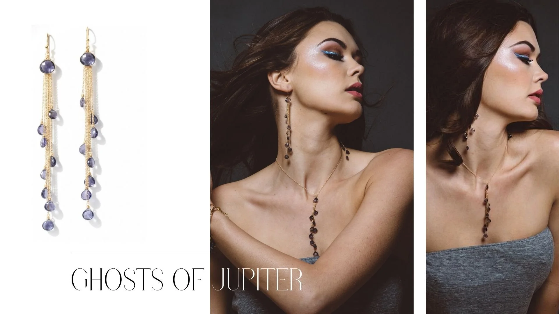 Lookbook spread featuring a product photo of long gold tassel earrings with blue gemstone accents, alongside two moody portraits of a model wearing the same dangling statement earrings with coordinating blue-toned jewelry.