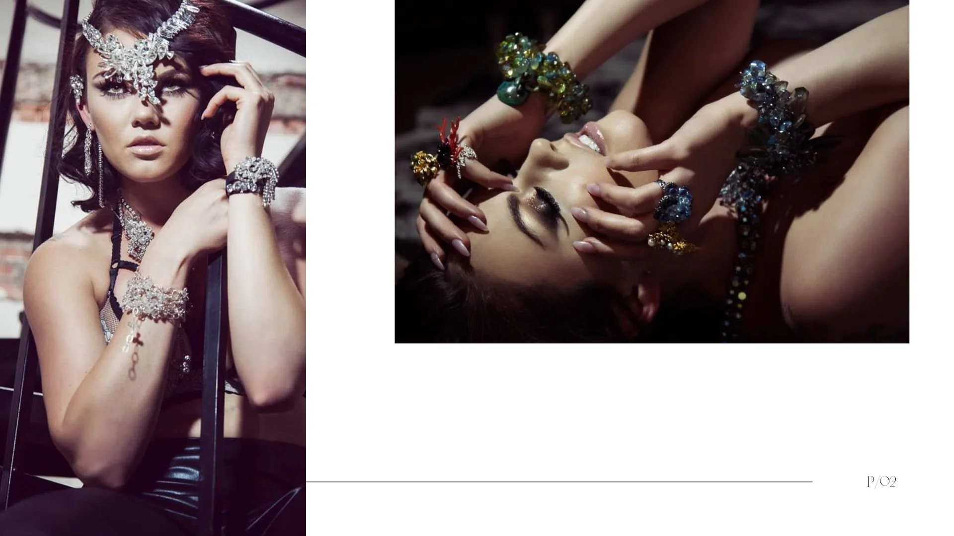 Editorial-style lookbook spread featuring two moody fashion photos of a model wearing dramatic statement jewelry, including a crystal headpiece, chandelier earrings, stacked bracelets, rings, and bold gemstone cuffs.