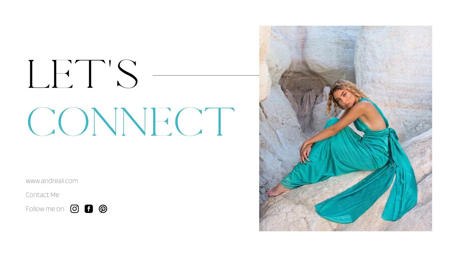 Contact page with “Let’s Connect” text and a blonde model in a flowing turquoise dress posed among white rock formations.