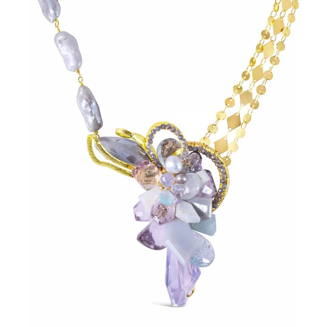 Pastel Gemstone Necklace with Gold Chains