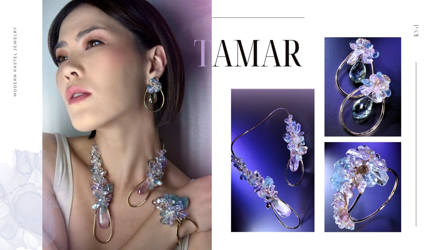 Model wearing a Tamar Collection pastel gemstone cluster necklace, earrings, and cuff by Andrea Li