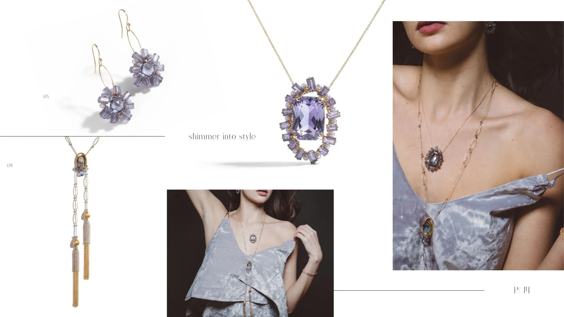 Jewelry editorial collage with lavender gemstone earrings and necklaces, shown on model close-ups and product shots against a soft gray background.