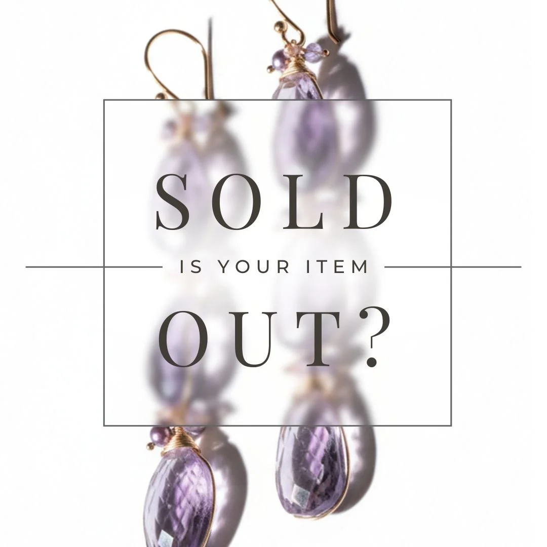 Square graphic with blurred purple gemstone drop earrings in the background and centered text reading SOLD — IS YOUR ITEM OUT?