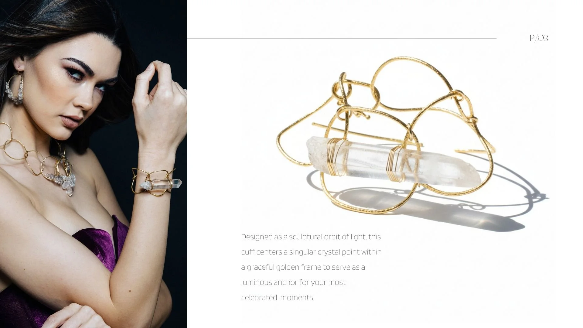 Lookbook page showing a model wearing a gold circle-link necklace and crystal bracelet, alongside a close-up of a sculptural gold cuff bracelet centered with a clear crystal point.
